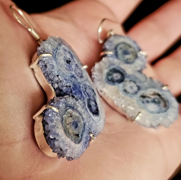 New Oversized Blue Solar Quartz Agate Silver Earrings. - Picture 12 of 14